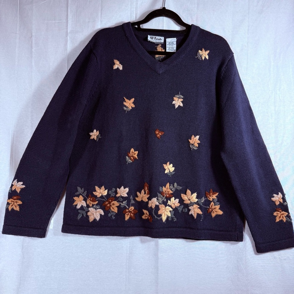 All Points Vintage Autumn Leaf Embroidered V Neck Sweater Navy‎ Ramie Cotton XL